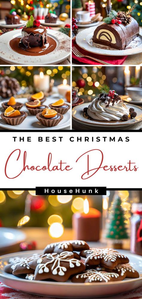 Add a touch of decadence to your Christmas celebration with our collection of 21 irresistible chocolate desserts. From classic cakes to unique treats, each recipe promises to wow your guests. Don't miss out on festive flavors like peppermint and cherry! Christmas Chocolate Desserts Holidays, Chocolate Dipped Holiday Treats, Christmas Desserts Fancy Individual, Impressive Christmas Desserts, Unusual Christmas Desserts, Chocolate Christmas Desserts, Christmas Dessert Bar, Desserts For Christmas, Christmas Chocolate Desserts