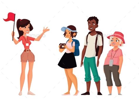 Tour vacation with guide, vector cartoon comic illustration isolated on a white background, a group of tourists listening to the h Illustration Guide, Golden Retriever Illustration, English Creative Writing, Guided Art, Tourist Guide, India Tour, The Orator, Vector Cartoon, Cute Little Drawings