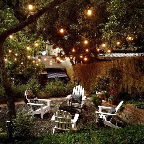 Backyard Makeover - love the idea to put lights in the trees so the kids could have a good night reading and family time! Yard String Lights, Globe String Lights Outdoor, Backyard String Lights, Backyard Seating, Backyard Lighting, Have Inspiration, Backyard Fire, Backyard Makeover, Camping Lights