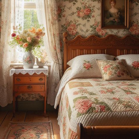 Vintage Bedroom 1940 Bedroom Ideas, Vintage Home Bedroom, 1940s Bedroom Aesthetic, 1890s Bedroom, Bedroom Ideas Floral, Dorma Bedding, Grandmacore Bedroom, Bedroom Ideas Cottagecore, Victorian Bedroom Furniture