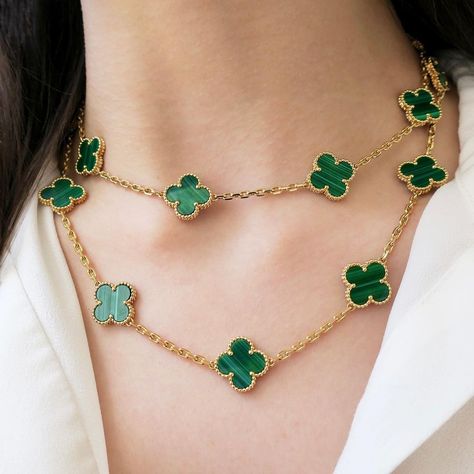 Beladora Jewelry on Instagram: “Van Cleef & Arpels ‘Vintage Alhambra’ Malachite 20 Motif Necklace. Tap to shop!” Van Cleef Alhambra Necklace Green, 20 Motif Van Cleef, Van Cleef 20 Motif, Van Cleef Malachite, Green Gold Outfit, Alhambra Jewelry, Van Cleef Alhambra, Van Cleef Necklace, Green Inspo