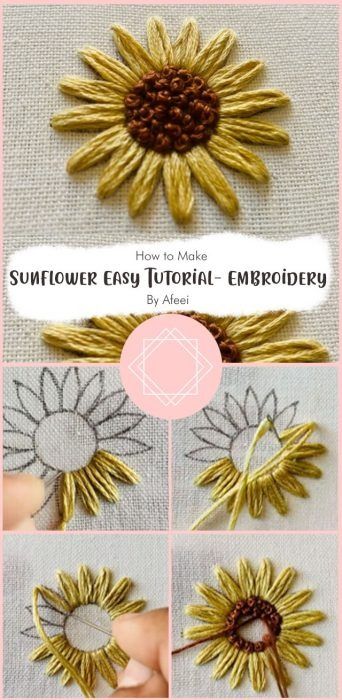 Beautiful Sunflower Embroidery Tutorial Free Ideas - Carolinamontoni.com Sunflower Thread Embroidery, Embroidery Designs Easy Free Pattern, Embroidery Flowers Diy, Sunflower Pattern Embroidery, Embroidered Sunflowers Patterns, Sunflower Stitch Embroidery, Hand Embroidered Sunflowers, Sewing Flowers Embroidery, How To Flower Embroidery