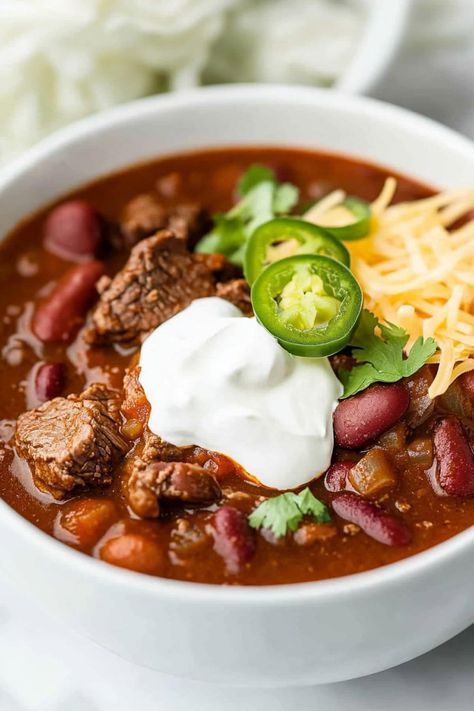 Rib Eye Chili Recipe, Two Meat Chili Recipe, Ribeye Chili Recipe, Steak Chili Recipe No Beans, Steak Chili Recipe Instant Pot, Multi Meat Chili, Prime Rib Chili Recipes, Chili With Steak Meat, Chili Recipe Steak