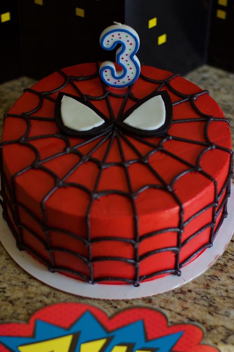 Simple Spider Man Cake Design, Spider Man Birthday Cake Diy, Easy Spiderman Cupcakes, Easy Spidey Birthday Cake, Homemade Spider Man Cake, 3rd Birthday Party Spiderman, Spider Man Birthday Cake Ideas, Spider Man 3rd Birthday Cake, Spiderman Bday Cake