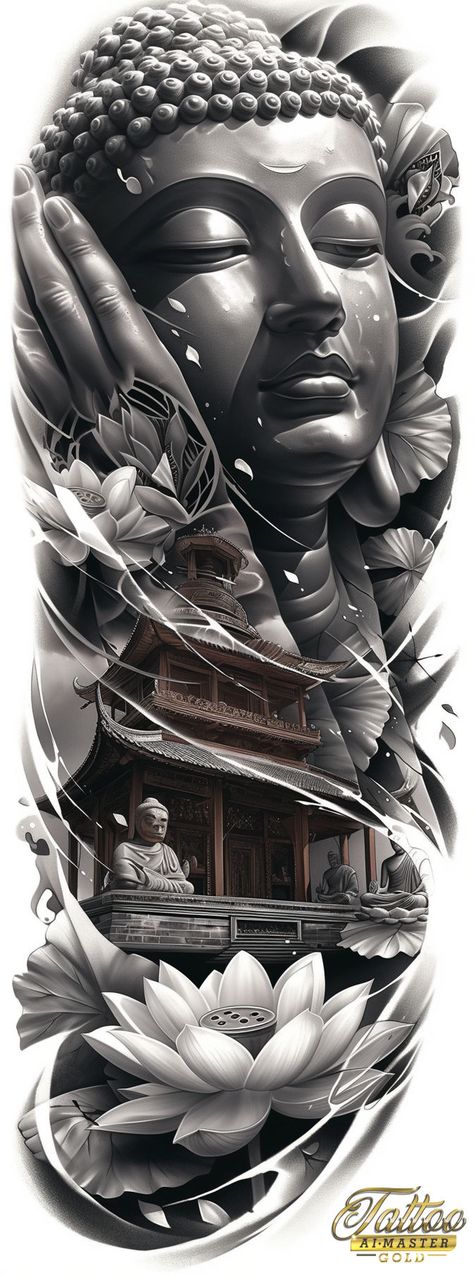 Buddha Japanese Tattoo, Buddhist Tattoo Sleeve, Buda Tattoo, Samurai Warrior Tattoo, Geisha Tattoo Design, Temple Tattoo, Tattoo Catalog, Buddhist Tattoo, Buddha Tattoo Design