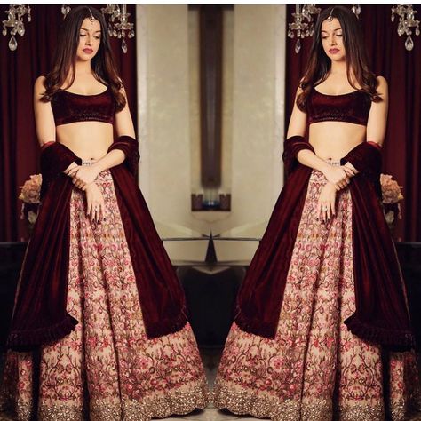 Burgundy Lehenga, Outfits For The Winter, Bridal Lehenga Images, Divya Khosla Kumar, Velvet Outfits, Divya Khosla, Lehenga Inspiration, Indian Bridesmaids, Designer Bridal Lehenga