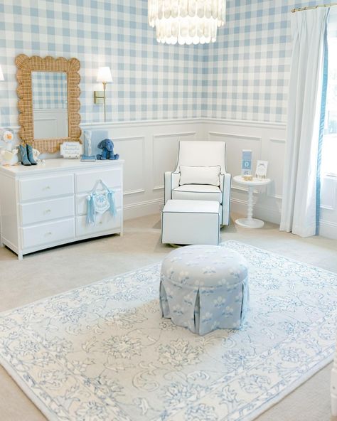 When your dream nursery comes together. This sweet baby boy’s room features our Luca Glider and Ottoman in our Performance Microfibre White with Denim Blue Piping, both with a gold swivel base. We love the pop of blue 🩵 #montedesign Blue Trim Nursery, Blue And White Gingham Nursery, Traditional Blue And White Nursery, Blue And White Nursery Girl, Baby Blue Boy Nursery, French Blue Nursery, Light Blue Boy Nursery, Blue And Green Nursery Boy, Baby Blue Nursery Boy