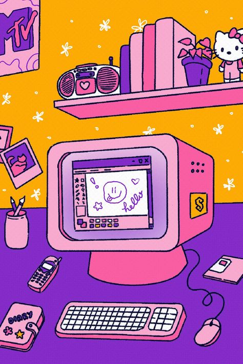 Digital Illustration of a desk with retro nostalgic vibe. It includes an old computer, old radio, books, diary, toys and posters from the early 2000s. Childhood Nostalgia Art, Y2k Illustration, Nostalgia Illustration, Desk Illustration, 2000 Nostalgia, Nails August, African Hut, Nostalgia 2000s, 2024 Wallpaper