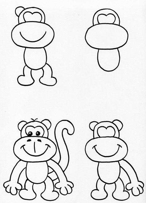 Easy Draw Animals, Monkey Drawing Easy, Trin For Trin Tegning, Ako Kresliť, Monkey Drawing, Silly Monkey, Arte Doodle, Cartoon Drawings Of Animals, Easy Drawings For Beginners