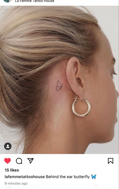 Aesthetic Behind The Ear Tattoos, Tiny Ear Tattoo Behind, Minimalist Behind The Ear Tattoo, Mini Behind The Ear Tattoo, Bestie Tattoos Behind Ear, Fineline Tattoo Behind Ear, Buterfluffy Tattoo Behind Ear, Small Tattoos With Meaning Behind Ear, Half Butterfly Tattoo Behind Ear