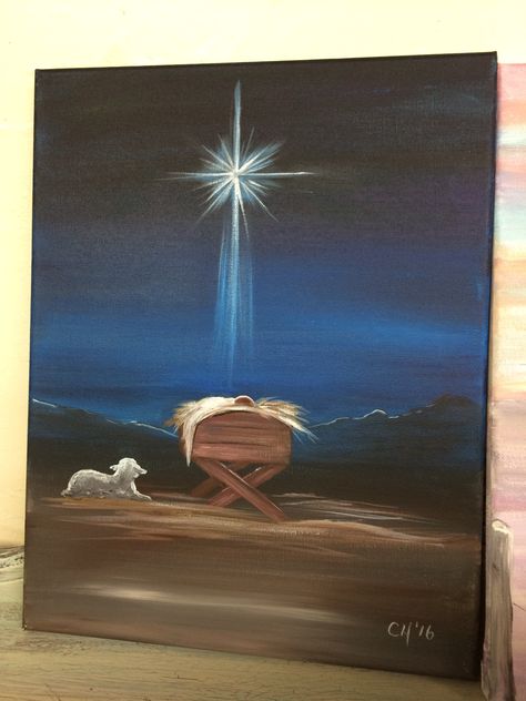 How To Paint A Nativity Scene Step By Step, Manger Scene Drawing, Nativity Scene Painting Easy, Silent Night Painting, Christmas Paintings Jesus, Christian Christmas Painting, Easy Nativity Paintings On Canvas, Nativity Painting Ideas, Christian Painting Ideas Easy