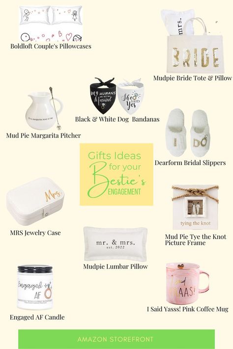 Engagement gift guide, best friend engagement gifts, Engaged AF, Newly Engaged, Engagement gifts for her, engagement gifts for the bride, engagement gifts for the bride to be Engagement Gift Ideas For Best Friend, Gift Idea List, Diy Engagement Gifts, Pitcher Gift, Engagement Gift Ideas, Gift Ideas For Best Friend, Couple Pillowcase, Engaged Af, Just Got Engaged