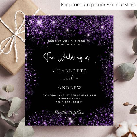 Dark Purple Wedding Theme, Purple Black Wedding, Dark Purple Wedding, Purple And Silver Wedding, Popular Wedding Invitations, Purple Wedding Theme, Budget Wedding Invitations, Glitter Wedding Invitations, Invitation Flyer