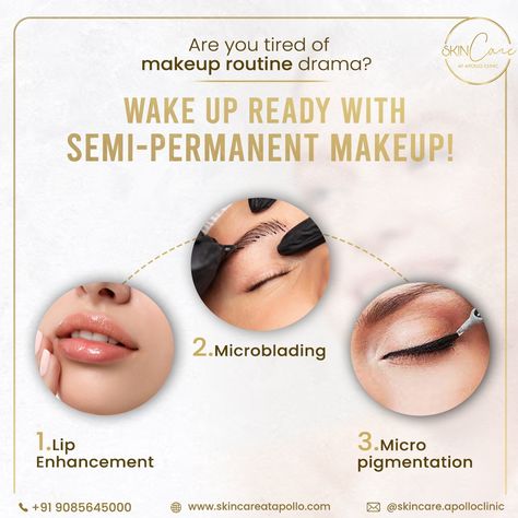 Tired of spending hours perfecting your look? With Semi-Permanent Makeup, you can wake up flawless every single day. Imagine brows that never smudge, eyeliner that’s always on point, and lips that stay luscious. 😍✨ Benefits: No more makeup drama 🎭 Perfectly defined features 🌸 Time-saving beauty ⏳ Always look your best 💁‍♀️ Simplify your beauty routine and embrace effortless elegance. Ready to wake up ready? Schedule your Semi-Permanent Makeup consultation now! 📱 +91- 9085645000 #SkinC... Smudge Eyeliner, Makeup Consultation, Semi Permanent Makeup, Skin Care Clinic, Time Saving, Permanent Makeup, Effortless Elegance, Singles Day, Semi Permanent