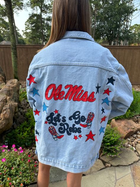 Ole Miss Jean Jacket, Game Day Jean Jacket, Paint Jeans, Painted Jean Jacket, Embroidery Jeans Jacket, Volleyball Apparel, Green Jean Jacket, Gameday Fashion, Ole Miss Football