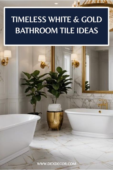 Elegant bathroom with white and gold marble tiles, plant accents, and a large mirror. Bathroom Remodel Marble, White And Gold Bathroom Ideas, Gold Bathroom Design, White Gold Bathroom, Gold Bathroom Ideas, Glamorous Chandelier, White And Gold Bathroom, Countertop Choices, Gold Taps