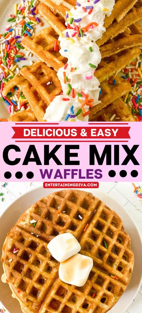 These cake mix waffles are so fun and easy to make! Made from boxed cake mix, these crispy waffles are delicious and taste just like your favorite cake. Perfect for any celebration or brunch! Cake Mix Waffles, Diy Waffles, Crispy Waffles, Easy Delicious Cakes, Brunch Celebration, Waffle Iron Recipes, Best Brunch Recipes, How To Make Waffles, Funfetti Cake Mix