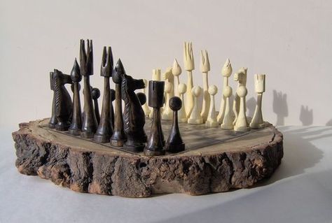 Pieces made from reclaimed Christmas Trees    Tree trunk for the board found in local park: Weird Chess Set, Diy Chess Set, Tool Wall Storage, Chess Set Unique, Chess Master, Chess Table, Wood Chess, Kings Game, Got Wood