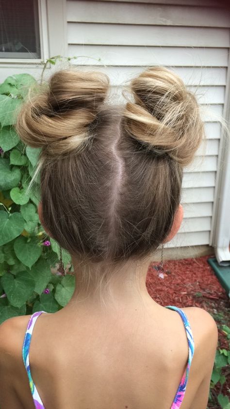 Hairstyles For Swimmers, Space Bun Hairstyle, Space Bun Hairstyles, Two Buns Hairstyle, 15 Hairstyles, Space Bun, Feminine Hairstyles, Double Buns, Cheer Hair