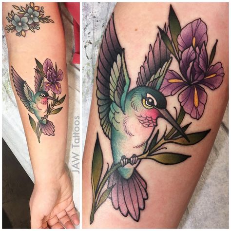 Hummingbird Tattoo Black, Hummingbird Flower Tattoos, Hummingbird Tattoos, Whimsical Tattoos, Tattoos Traditional, Iris Tattoo, Mom Tattoo Designs, Geometric Tattoo Arm, Vine Tattoos