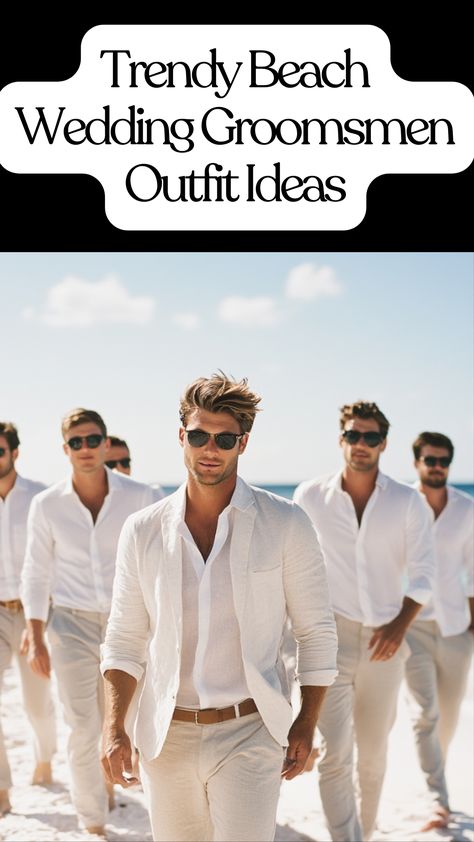 Groomsmen dressed in light, beach-appropriate outfits, featuring relaxed fits and light fabrics for a stylish coastal wedding celebration. Casual Beach Weddings, Beach Wedding Linen Men Groom Attire, Beach Wedding Blue Suit, Relaxed Beach Wedding, Coastal Wedding Groom Attire, Wedding Inspiration Beach, Tropical Wedding Groomsmen Attire, Beach Wedding Wedding Party, Bridal Party Beach Wedding