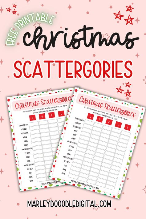 Spice up your holiday gatherings with this free printable Christmas Scattergories game! Featuring 5 different versions, it's perfect for family fun, Christmas parties, or classroom activities. Gather everyone for a festive and fun challenge! Free Printable Christmas Scattergories, Scattegories Christmas Free Printable, Christmas Scattergories Lists, Cookie Exchange Party Games, Christmas Catch Phrase Game, Free Printable Christmas Games Families, Christmas Scattergories Free Printable, Cookie Exchange Games, Printable Christmas Party Games