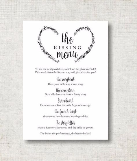 Wedding Kissing Games, Kissing Menu, Kissing Games, Non Traditional Wedding Ring, Reception Games, Reception Activities, Menu Printable, Wedding Reception Signs, Wedding Kiss