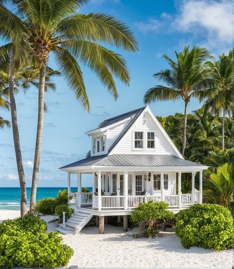 Beachfront House Exterior, White Beach House Exterior, Small Beach House, Island House Exterior, Craftsman Beach House, Coastal Bungalow, Private Beach House, White Beach House, Tiny Beach House