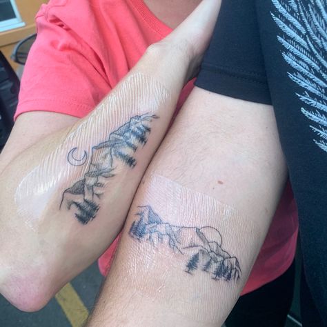 Husband And Wife Mountain Tattoos, Colorado Tattoo Ideas Rocky Mountains, Mountain Tattoo Colorado, Matching Hiking Tattoo, Matching Adventure Tattoos, Pikes Peak Tattoo Colorado, Mountain Tattoo For Couples, Pikes Peak Colorado Tattoo, Mountain Themed Tattoos