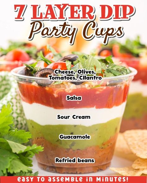 Easy Recipes and Crafts Layered Dip Cups, Homemade Chicken And Noodles, 7 Layer Bean Dip, 7 Layer Dip, Seven Layer Dip, Aip Paleo Recipes, Delicious Dips Recipes, Spaceships And Laser Beams, Layer Dip