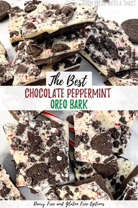 This Chocolate Peppermint Oreo Bark is topped with crushed Oreos and crushed candy canes. It’s the perfect Christmas treat that is beyond easy to make and only features 5 ingredients! Can easily be made gluten and dairy free! This chocolate peppermint oreo bark features not only a layer of semi-sweet chocolate, but also a layer of white chocolate. #chocolate #peppermint #oreo #bark #chocolatebark #candycane #dairyfree #glutenfree #christmas #dessert Dairy Free White Chocolate, Oreo Bark, Christmas Bark, Chocolate Peppermint Bark, Easy Holiday Treats, Dairy Free Snacks, Dairy Free Cookies, Crushed Oreos, Gluten And Dairy Free