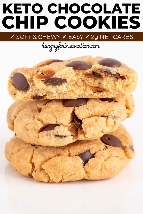 Soft Keto Chocolate Chip Cookies with only 2g net carbs per cookie! Gluten-free, sugar-free and 100% suitable for the ketogenic diet. Low carb chewy chocolate chip cookies #ketocookies #lowcarbcookies #chocolatechipcookies #ketotreat #ketodessert Cream Cheese Chocolate Chip Cookies, Quick Keto Dessert, Low Carb Chocolate Chip Cookies, Keto Cookie Recipes, Keto Chocolate Chip Cookies, Soft Chocolate Chip Cookies, Keto Chocolate Chips, Peanut Butter Chocolate Chip Cookies, Low Carb Cookies