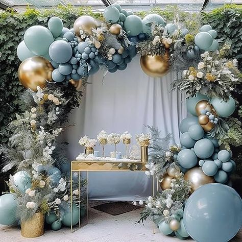 Captank Blue Balloon Arch - Pastel Double Stuffed Dusty Blue Balloons Different Sizes 18/12/5 Inch Gold Blue Balloon Garland Kit for Boy Birthday Baby Shower Wedding Anniversary Party Decorations Wedding Shower Arch Ideas, Blue Aesthetic Birthday Decor, Boy Baby Shower Ideas Decorations, Blue And Gold Party Decorations, Dusty Blue Backdrop, Dusty Blue Balloons, Eucalyptus Party, Wedding Balloon Arch, Blue Balloon Arch