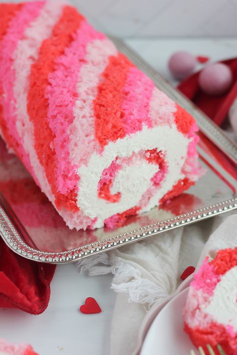 Valentine’s Day Cake Roll - Baking with Blondie Valentines Cake Roll Recipes, Valentine Cake Roll, Valentine Roll Cake, Valentine's Snacks, Rolled Cake, Baking With Blondie, Cake Batter Recipes, Jelly Roll Cake, Baking Lessons