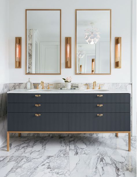 See How A European Vacation Inspired This Family's Dream Home - House & Home Mirror And Sconces, Bathroom Vanity Designs, Blue Vanity, Gray Vanity, Vanity Design, Glass Vanity, Grey Bathrooms, Stylish Bathroom, Elegant Bathroom