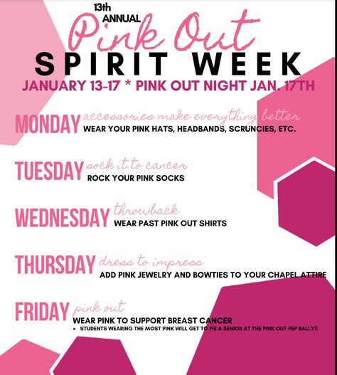 Pink Out Ideas Spirit Week, Pink Out Pep Rally Ideas, Pink Out Day Spirit Week, Pink Out Spirit Week, Pink Out Posters, Pink Out Pep Rally, Pink Out Ideas, School Spirit Posters, Dig Pink