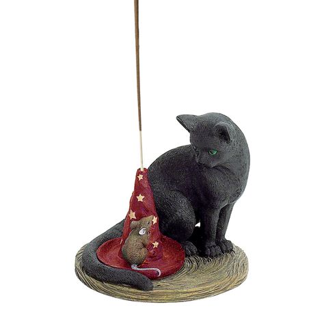 A black cat peers down at a small mouse as it tries to hide behind a star-encrusted cap on this fine crafted and fun stick incense holder. Cold cast resin. 4” Witches hat may have color variance of red or purple. Option A: Magical Cat & Mouse has a purple hat and dark gray/black mouse Option B: Magical Cat & Mouse has a red hat and brown/tan mouse Do not leave candles and/or charcoal disks, incense burning unattended. Always keep candles in a safe place away from flammable objects, children, and Witch Candle Holder, 4 Witches, Diy Incense Holder, Cat Candle Holder, Incense Burning, Black Mouse, Cat Candle, Stick Incense, Purple Hat