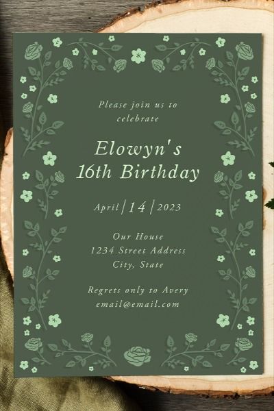 WHAT'S INCLUDED:
Double-Sided Birthday Invitation 5x7 inches

MATCHING COLLECTION: https://www.etsy.com/shop/TaylorReganDesigns?ref=seller-platform-mcnav&search_query=A500

TRY BEFORE YOU BUY DEMO:
Link: https://templett.com/design/demo/TaylorReganWeddings/18725292 Sage Green Birthday Invitation Template, Invitation Card Design 18th Birthday Aesthetic, Sweet 16 Invitation Ideas Green, Sweet 16 Invitations Green, Sage Green Birthday Party Invitations, Aesthetic Birthday Invites, Green 18th Birthday Party, Sweet 16 Party Ideas Green, Invitation Birthday 18th