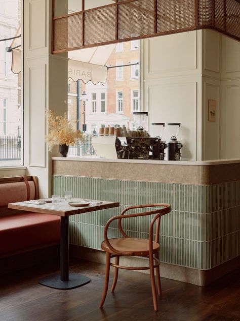 Japanese Tile, Parisian Bistro, White Molding, Booth Seating, Bentwood Chairs, Cafe Interior Design, Green Tile, Table And Chair, Bistro Table