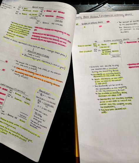 Two pages stapled with accounting theory and accounts written on the paper in black pen and a few important notes highlighted with a pink and yellow highlighter Account Notes Aesthetic, Accounting Basics Notes, Studying Accounting Aesthetic, Chartered Accountant Student Aesthetic, Accounting Notes Student, Accounting Inspiration, Accounting Notes Aesthetic, Chartered Accountant Aesthetic, Accounting Aesthetic Notes