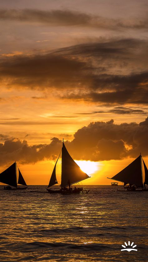 sailboats on the water in front of a golden sunset with some clouds in the sky. Boracay Sunset, Beach Travel Destinations, Boracay Island, Boracay, Sunset Views, Sunset Beach, Beach Travel, Beach Vibes, Beach Vibe