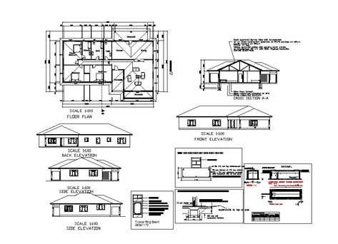 Floor plan of the house with elevation details in dwg file which provide detail of front elevation, side elevation, back elevation, detail dimension of the drawing room, bedroom, kitchen, dining room, bathroom, toilet, etc. Elevation Details, Drawing House Plans, Side Elevation, Simple Floor Plans, Open House Plans, Elevation Drawing, Shed Building Plans, Shed Plan, Architecture Model House