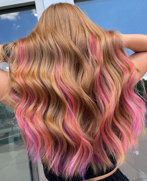 Commitment Free Color without the damage from bleach 💗 Hair by @angelina.rosene.hair 💜 ➖ Look: Full Volume ➖ Length: 16" ➖ Colors: Custom Colored 12G White Chocolate ➖ Method: Tape In⁠⁠⁠ Cute Simple Hair Dye Ideas, Hair Dye Ideas Blonde Color Trends, Honey Blonde Hair With Pink Underneath, Blonde Hair With Colorful Highlights, Dirty Blonde Hair Dye Ideas, Bottom Of Hair Dyed, Pink Streaks In Light Brown Hair, Pink Underdye Hair Blonde, Pink Picaboo Hair