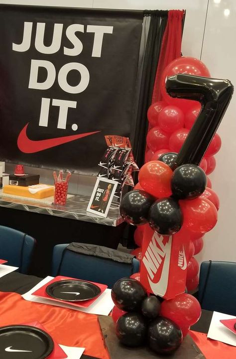 Just Do It - 7th Birthday Party | CatchMyParty.com Just Do It Party Theme, Sneaker Birthday Party Ideas Decoration, Air Jordan Birthday Party Ideas, Nike Party Decorations, Nike Theme Party, Nike Themed Party Ideas, Nike Birthday Party Ideas, Sneaker Ball Party Ideas, Nike Birthday