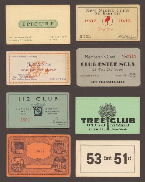 Speakeasy membership cards collected between 1920 and 1933 Business Cards Inspiration, Best Business Cards, Speakeasy Party, 1920s Party, Cotton Club, Membership Card, Roaring Twenties, Cool Ideas, 로고 디자인