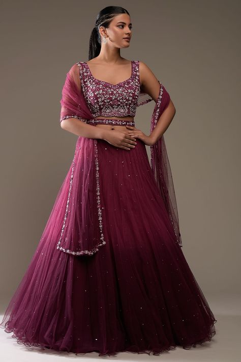 Buy Wine Purple Ombre Sequins Embroidered Net Designer Lehenga Online | Samyakk Wine Colour Lehenga, Gown Poses, Heavy Lehenga, Wine Colour, Reception Outfit, Wine Purple, Net Skirt, Half Saree Lehenga, Indian Outfits Lehenga