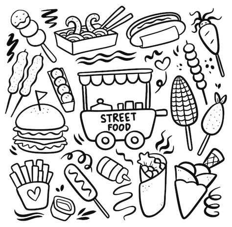 Cute Food Art Drawing Doodles, Simple Food Drawings Cute, Street Doodle Art, Doodle Street Art, Doodle Food Art, Food Doodle Art Illustrations, Street Food Drawing, Food Doodles Hand Drawn, Fair Doodles