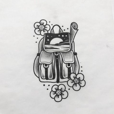 Nift Preparation, Hiker Tattoo, Backpack Tattoo, Small Nature Tattoo, Backpack Drawing, Mark Tattoo, Cute Tats, Tattoo Old School, Adventure Backpack