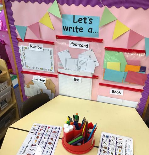 New ‘help yourself’ writing display to encourage the children to write for a purpose in free flow! They are especially loving writing princess party invitations to post in their friends special boxes 📝🎀 #reception #eyfs #eyfsteacher #eyfsclassroom #primaryteaching #eyfswriting Reception Writing, Eyfs Writing Area, Writing Display, Writing Center Ideas, Writing Center Preschool, Ks1 Classroom, Reception Classroom, Classe Harry Potter, Princess Party Invitations