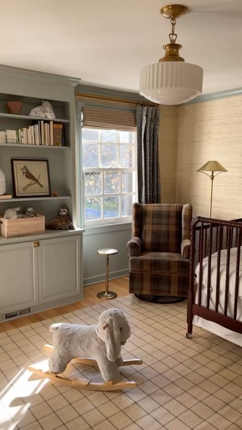 WHITTNEY PARKINSON DESIGN on Instagram: “A little glimpse into Pearce’s nursery. This room was so fun to design, as I come from a family of ALL girls (7 straight to be exact). A…” Traditional Nursery Gender Neutral, Nursery / Office Ideas, Grandpa Study Nursery, Whimsical Neutral Nursery, Nursery With Dark Wood Floors, Nursery When You Dont Know The Gender, Woodland Cottage Nursery, Traditional English Nursery, Contrast Trim Nursery